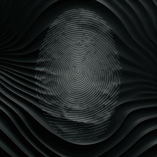 Fingerprint and iris textures merging into a digital topography map.