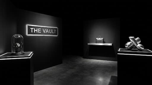 Noirist vault campaign interior in monochrome.